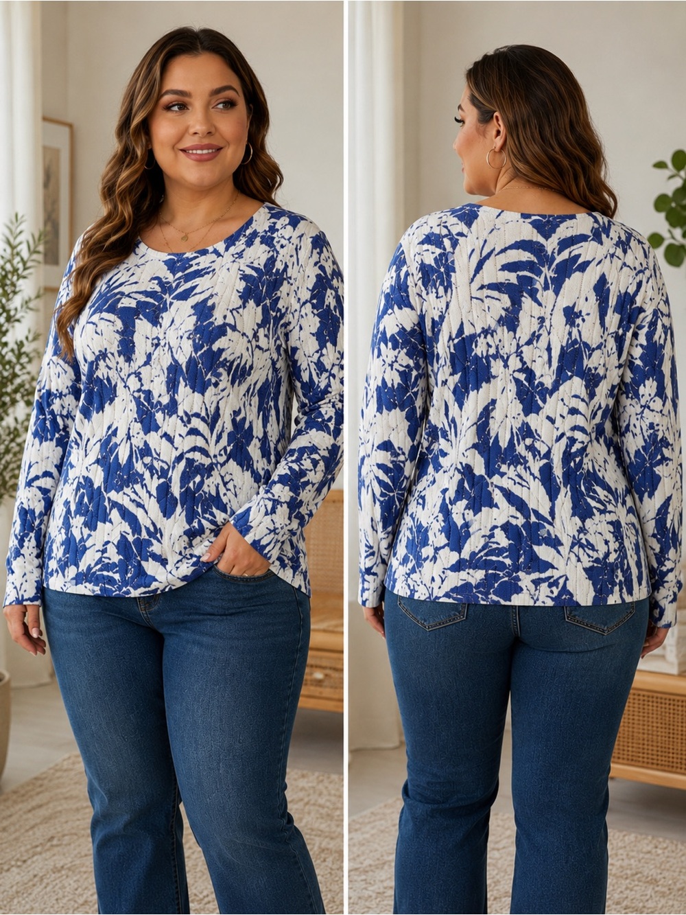 Lauren Ralph Lauren Blue Floral Cable-Knit Cotton Sweater 2X NWT